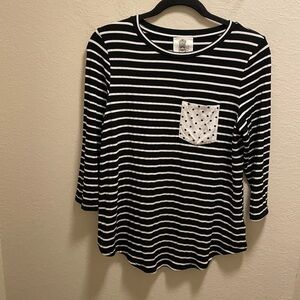 Anthropologie Lili's Closet Striped 3/4 Length Sleeve Top With Polka Dot Pocket